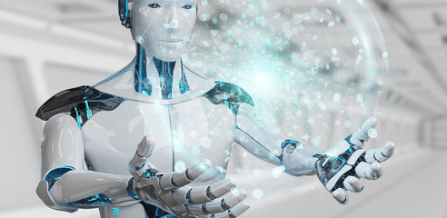 White male humanoid using digital global network 3D rendering