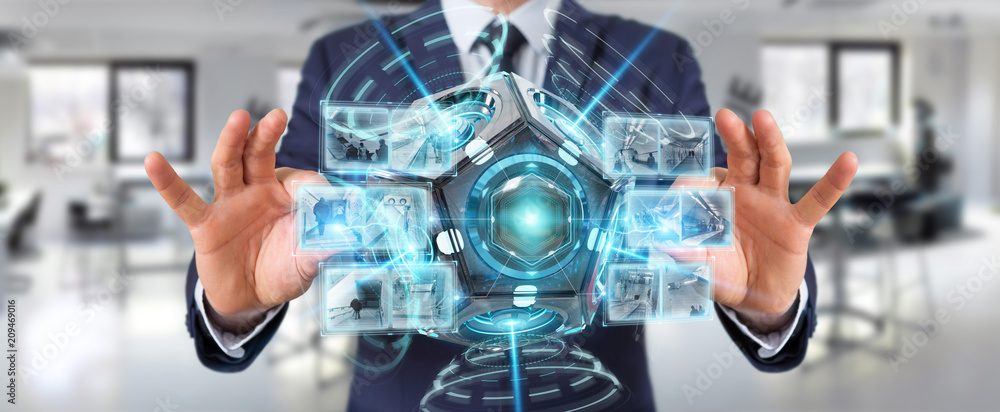 Poster businessman using futuristic drone security camera 3d rendering