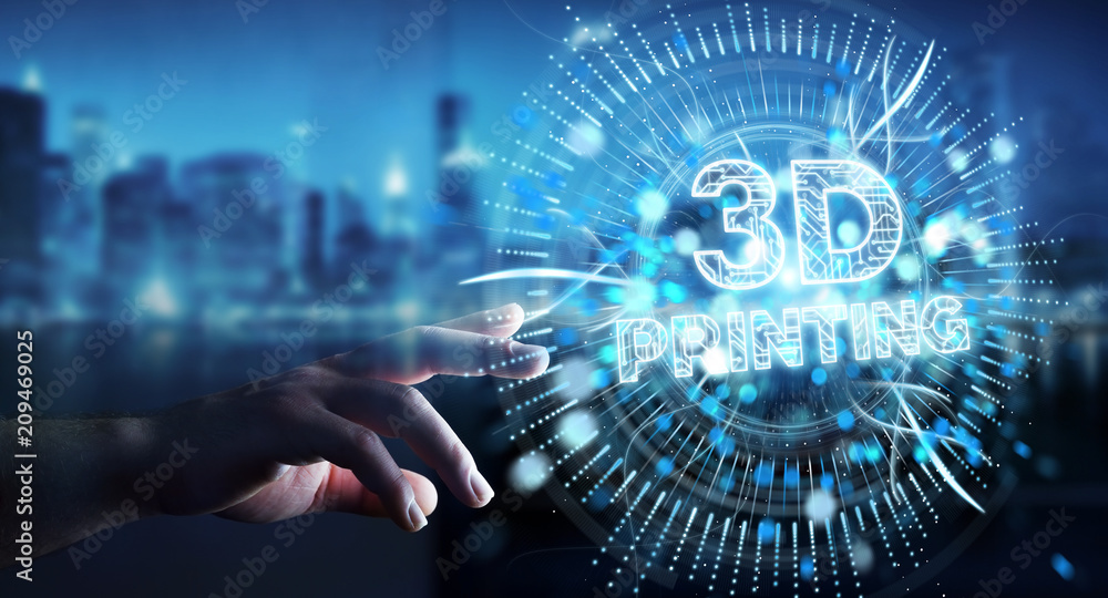Poster businessman using 3d printing digital hologram 3d rendering