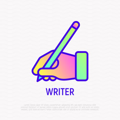 Hand with pen thin line icon, writer sign. Modern vector illustration.
