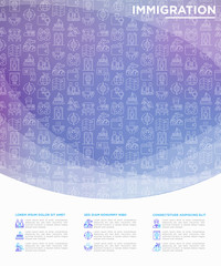 Immigration concept with thin line icons: immigrants, illegals, baggage examination, passport, refugee camp, social benefit, war, one way ticket. Vector illustration, print media template.
