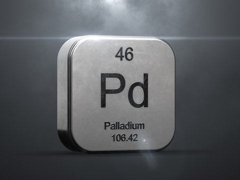 Palladium element from the periodic table. Metallic icon 3D rendered with nice lens flare