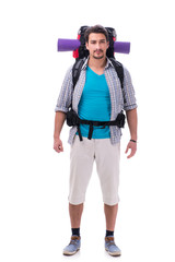 Backpacker with large backpack isolated on white