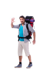 Backpacker with large backpack isolated on white