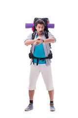 Backpacker with large backpack isolated on white