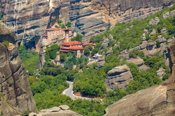 Mountain scenery with Meteora rocks and Monastery, landscape place of monasteries on the rock.