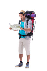 Man lost and looking for direction with map on white