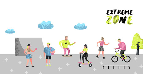 Fototapeta premium Extreme Sports Poster, Banner, Brochure. Teenager Skateboarding, Man on Bicycle, Girl Rolling. Active Characters People Playing Outdoor. Vector illustration