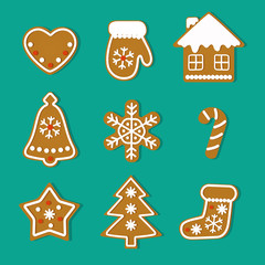 Fototapeta na wymiar Christmas gingerbread cookies set. Vector flat style illustration