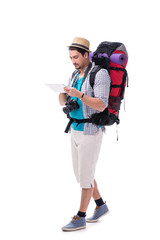 Man lost and looking for direction with map on white