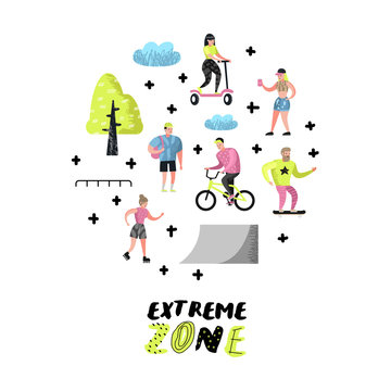 Extreme Sports Cartoons. Teenager Skateboarding, Man on Bicycle, Girl Rolling. Active Characters People Playing Outdoor. Vector illustration