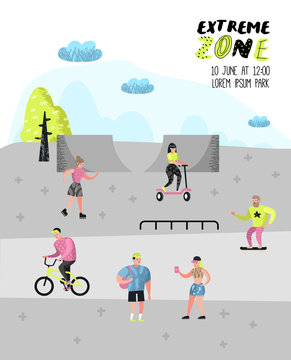 Extreme Sports Poster, Banner, Brochure. Teenager Skateboarding, Man on Bicycle, Girl Rolling. Active Characters People Playing Outdoor. Vector illustration
