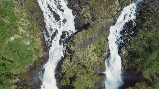 Latefossen - rapid waterfall in Norway. Aerial view, summer time.. Latefoss is a powerful, twin waterfall, famous sightseeing