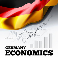 Germany economics vector illustration with german flag and business chart, bar chart stock numbers bull market, uptrend line graph symbolizes the growth