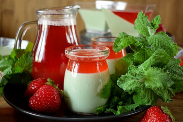 Process of making two layered dessert panna cotta with matcha tea and strawberry jelly