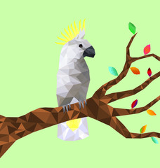 Low poly colorful Cockatoo bird with tree on back ground, birds on the branches ,animal geometric concept,vector