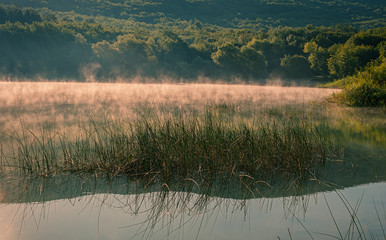 fog over the water of a mountain lake on a summer morning.