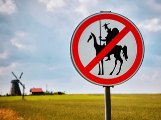 Funny road sign, Don Quixote ban. No entry for Don Quixote. Dudutki, Belarus.