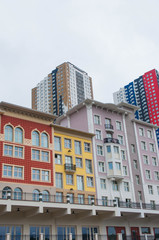 Colorful bright summer italian Portofino style buildings in Moscow, Russia