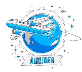Plane airliner with earth planet and ribbon with typing, airlines air travel emblem or illustration. Beautiful thin line vector isolated over white background.