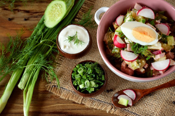 Ingredients for preparing the cold soup okroshka. Russian cuisine traditional meal