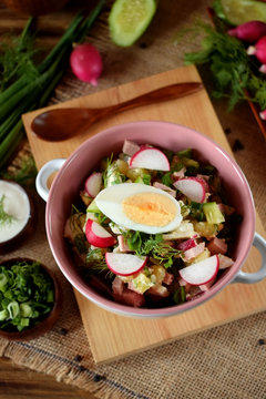 Ingredients for preparing the cold soup okroshka. Russian cuisine traditional meal