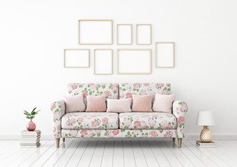 Interior poster mock up with frame composition on empty white wall in living room with colorful pink sofa. 3D rendering.