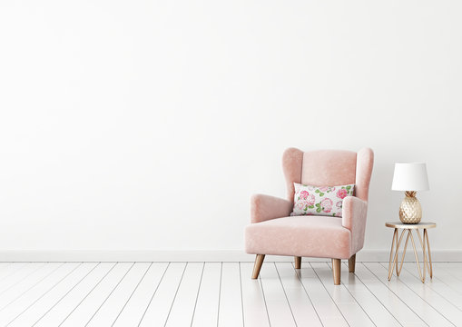 Interior wall mock up with pastel pink armchair, flower pillow and pineapple lamp in living room with empty white wall. 3D rendering.