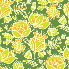 Tropical green abstract sketch floral seamless pattern