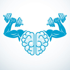 Brain with strong bicep hands of bodybuilder. Power Brain emblem, genius concept.  Brain training, grow IQ, mental health. Vector design.