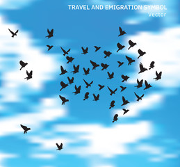 Travel and emigration birds symbol in blue clouds sky.