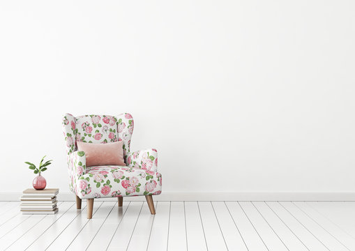 Interior wall mock up with flower pattern armchair, pink pillow and plant in vase in living room with empty white wall. 3D rendering.