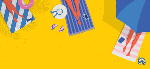 Naklejka premium Top view beach background, Summer water activities. Women relaxing at the beach. Vector banner, poster design