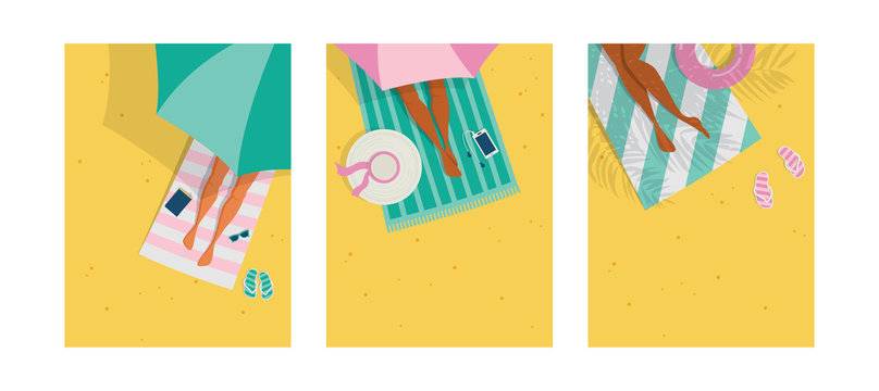 Top view of a summer background. Summer water activities. Women relaxing at the beach. Vector cards, poster design