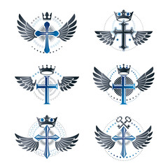 Crosses Religious emblems set. Heraldic Coat of Arms, vintage vector logos collection.