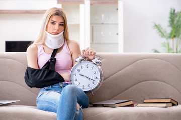 Injured woman recovering at home