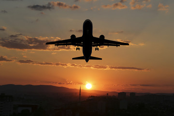 Airplane in the sky. Copy space of business summer vacation and travel adventure concept. Airplane sky and sunshine 
