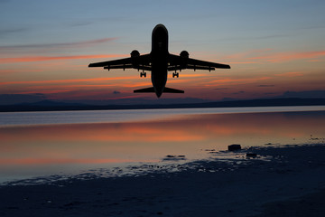 Airplane in the sky. Copy space of business summer vacation and travel adventure concept. Airplane sky and sunshine 