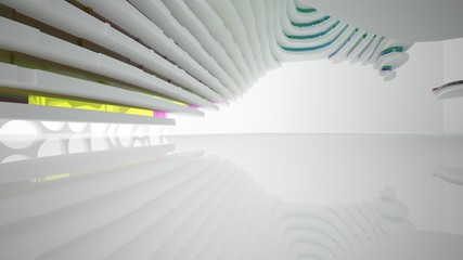 Naklejka premium Abstract white and colored gradient glasses interior multilevel public space with window. 3D illustration and rendering.