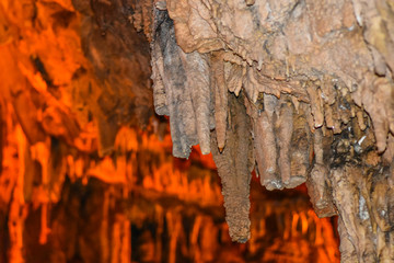 Smooth lime minerals, stalactites and stalagmites in the cave