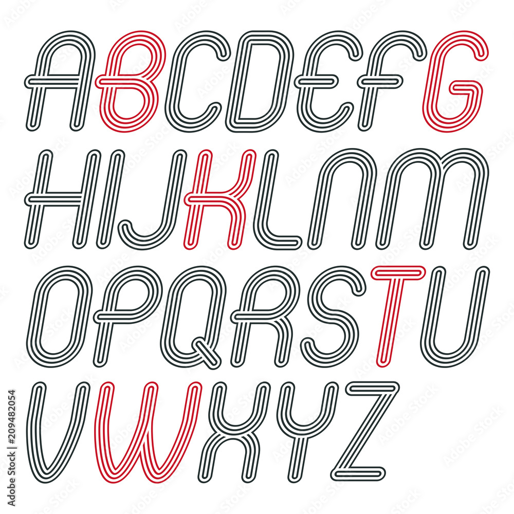 Poster set of trendy modern vector capital alphabet letters isolated. disco cursive rounded font for use as