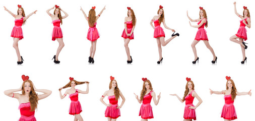 Pretty young model in mini pink dress isolated on white