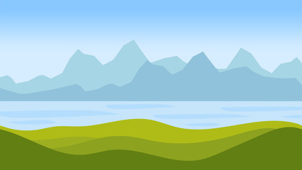Vector illustration. Landscape with lake or bay and mountains on horizon.