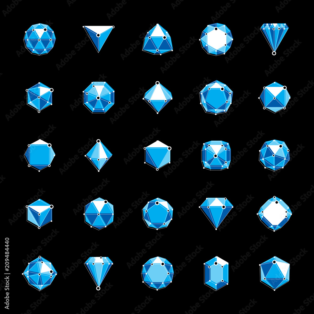 Poster vector luxury faceted decorative elements. set of low poly objects with connected lines and dots, 3d