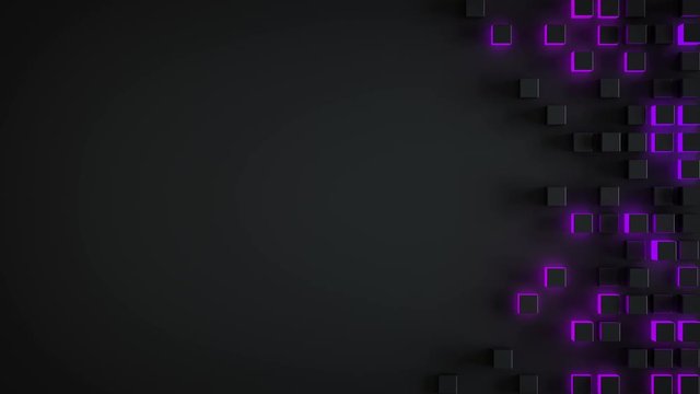 Glowing purple cubes on edge and free space. Seamless loop animation 3D render 4k UHD 3840x2160
