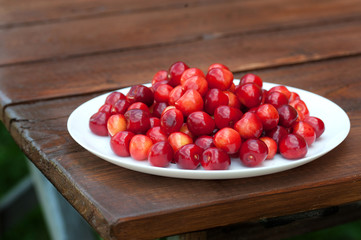 Yellow-red cherry on a white plate on a wooden dark table with a texture.