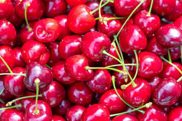 Top view of red ripe cherries