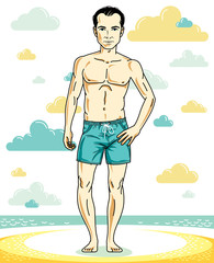 Handsome young man standing on tropical beach in bright shorts. Vector athletic male illustration. Summer vacation lifestyle theme cartoon.