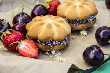 Bakery products. Delicious cakes, pastries with fruit. Breakfast.