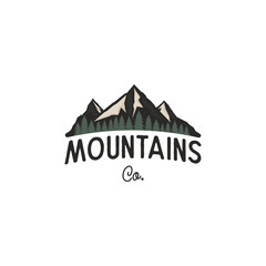 Mountains logo design template. Mountains logo co concept with trees. Vintage hand drawn style. Stock adventure insignia isolated on white background